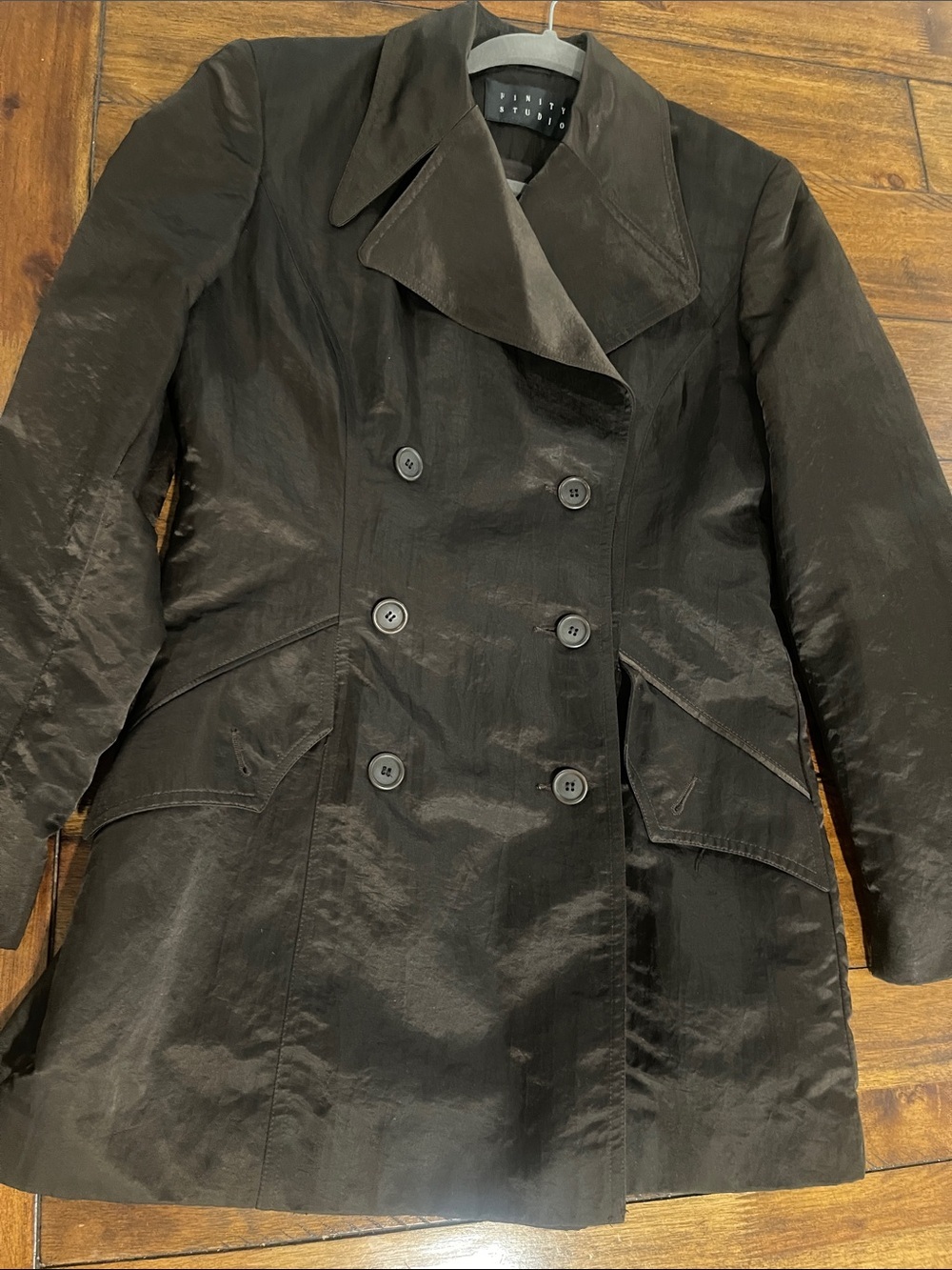 Vintage Finity Studio Double Breasted Dark Chocolate Brown Coat metallic sheer M
